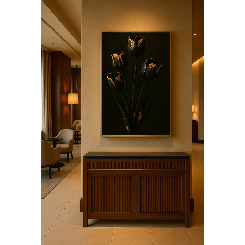 Gilded Stillness - Noir Botanical No. I Framed Canvas Wall Art by Kasian Art Studio - White Frame, Brown