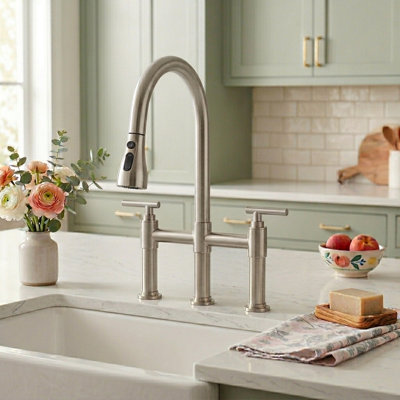 2-Handle Bridge Kitchen Faucet with Pull-Down Sprayer
