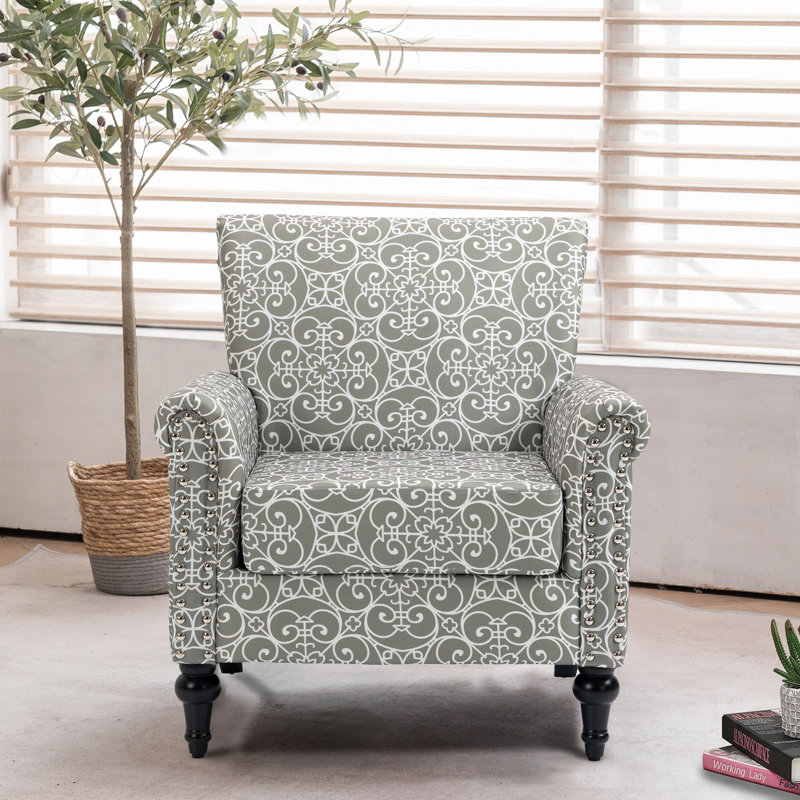 Fauteuil d'appoint de style Mid-Century avec accoudoirs roulés l 30 po et pieds en bois massif, Mélange de lin gris / blanc