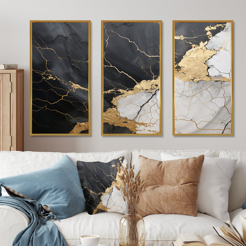 «Black Gold Adorned Poteries III - Abstract Spirals», ensemble de reproduction d'art mural, Cadre flottant doré