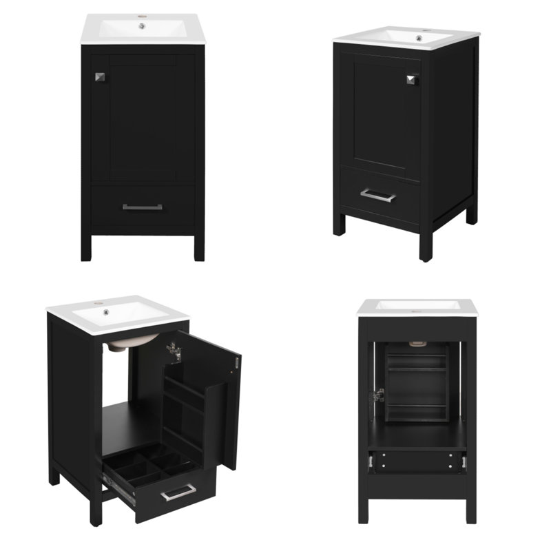 Meuble-lavabo moderne de 18 pouces avec lavabo en céramique, tiroirs compartimentés et pieds en plastique réglables, noir, 18
