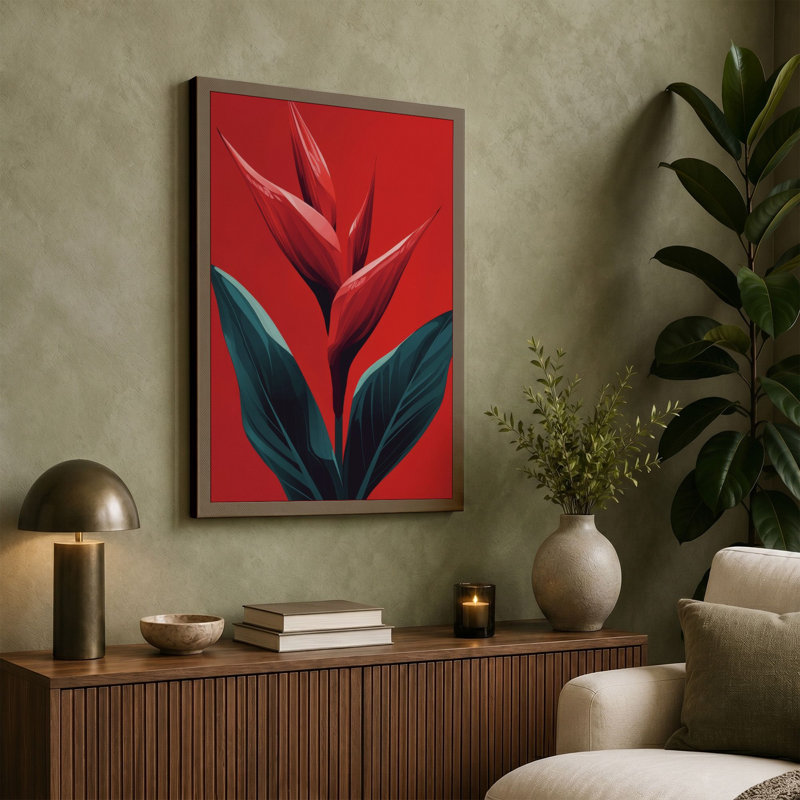 Tropical Bloom in Red Botanical - Wrapped Canvas, 24x16 - 61.0 x 40.6 cm, Sage Border