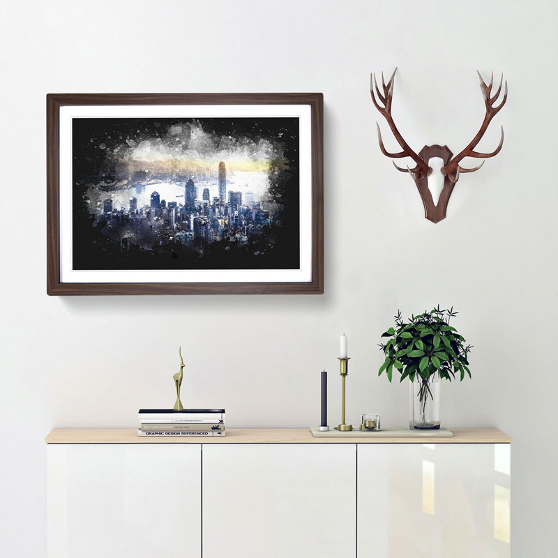 Hong Kong Skyline in China - Picture Frame Graphic Art Print, 62cm H x 87cm W x 2cm D, Walnut Framed