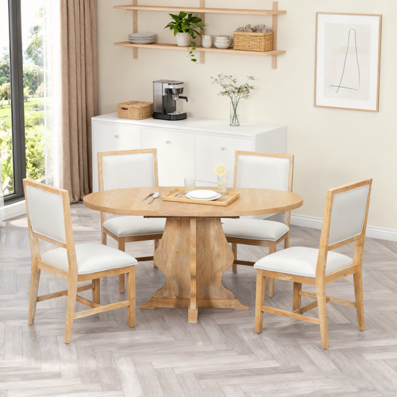 Ensemble de table de salle à manger 5 pièces avec 4 chaises rembourrées et table de salle à manger extensible, Naturel
