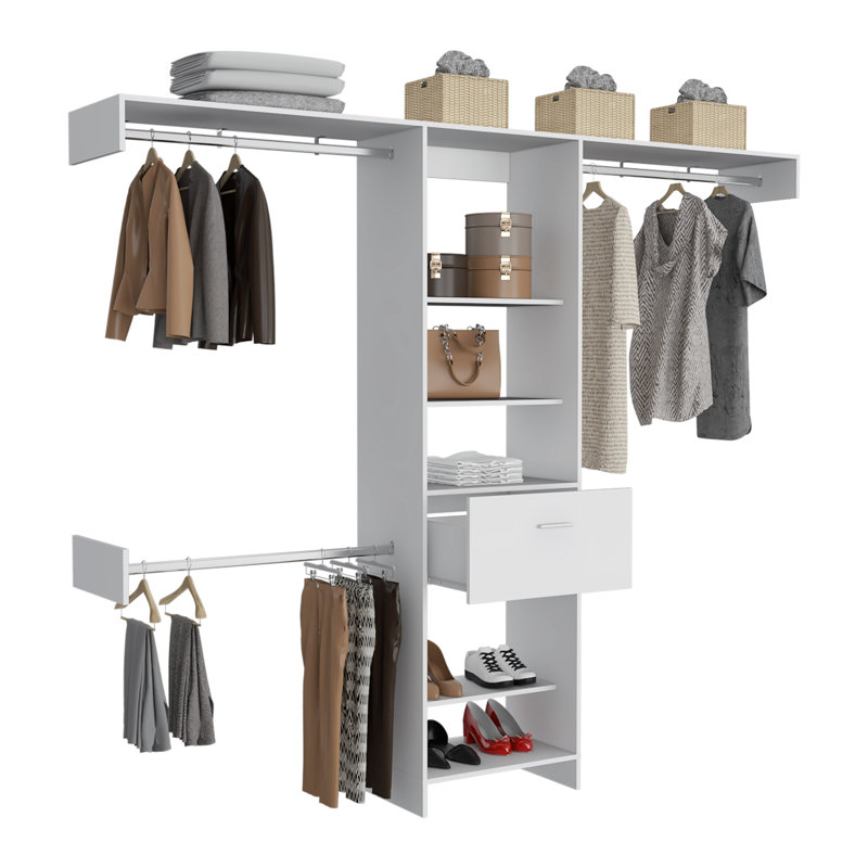 Système d'organisation Manchester 250 avec 5 tablettes ouvertes, 1 tiroir et 3 tringles en métal, Blanc
