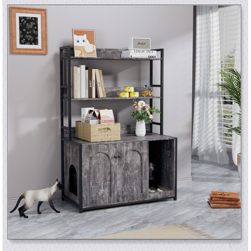 Grand enclos pour litière avec tablette de rangement, toilettes dissimulées, maison en bois avec griffoir, meuble robuste