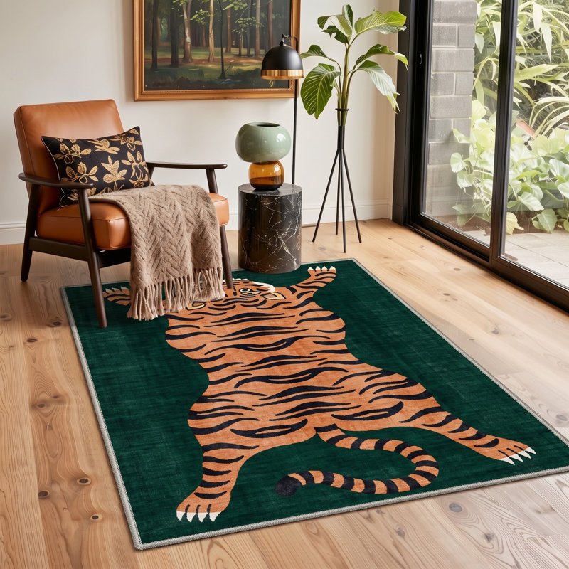Tapis de couloir vert / orange Tayviona lavable à la machine avec envers antidérapant, Tapis de couloir 2 pi 6 po x 8 pi