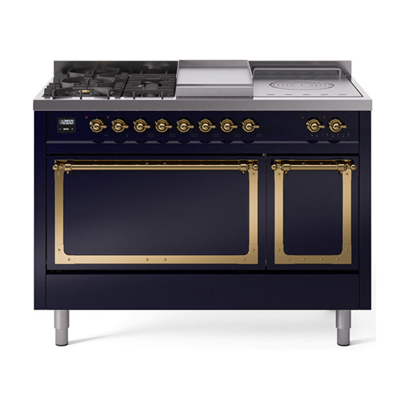 ILVE Nostalgie II Noblesse 48 in Dual Fuel Range, 5 Burner, Griddle, Frenchtop, Natural Gas, Midnight Blue/Brass