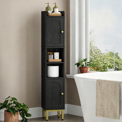 Armoire de rangement mince pour salle de bain avec pieds réglables, armoire de plancher étroite pour les petits espaces, organisateur de salle de lavage avec 2 portes et tablette ouverte, pour salle de bain de cuisine de salon, bois certifié FSC, noir