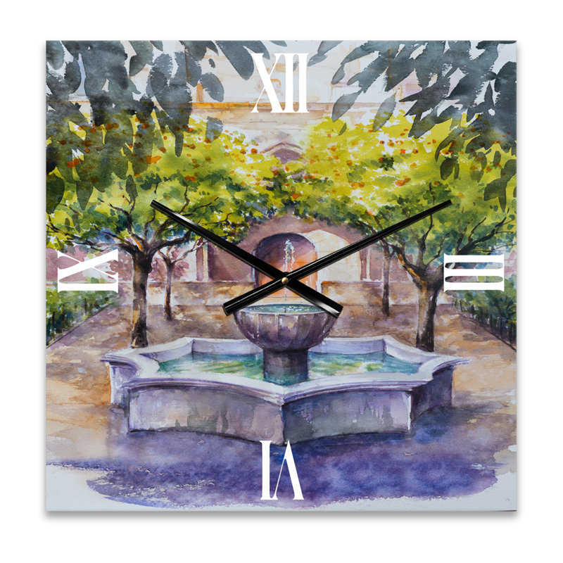 Petite fontaine avec arbres dans le village - horloge murale, Petit