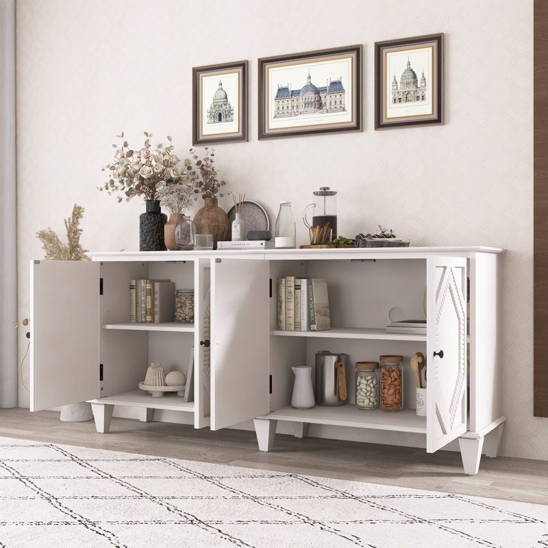 Buffet Mid-Century moderne avec portes géométriques symétriques, Blanc