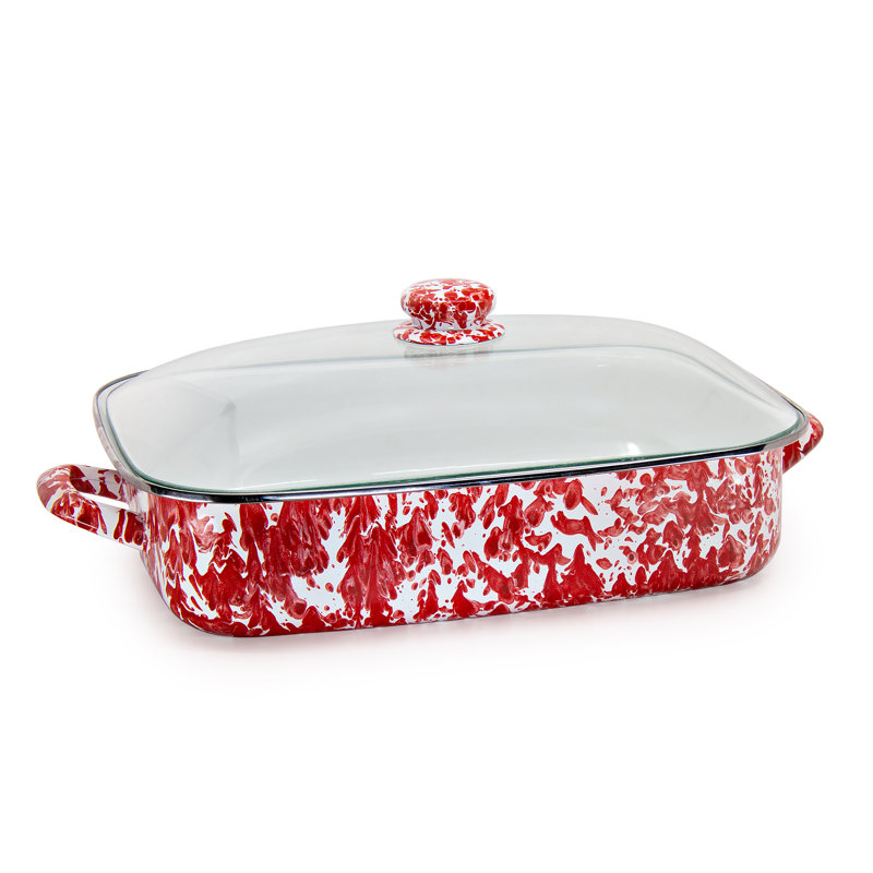 Golden Rabbit Enamelware -Black Swirl Pattern -16 x 12.5 x 4 Inch Roasting Pan Set, Red Swirl