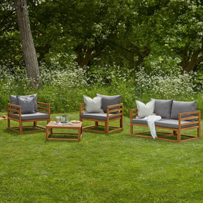 Rimasha Wooden Garden Set with 2 Seater Sofa - 2 Armchairs with Coffee Table - Grey