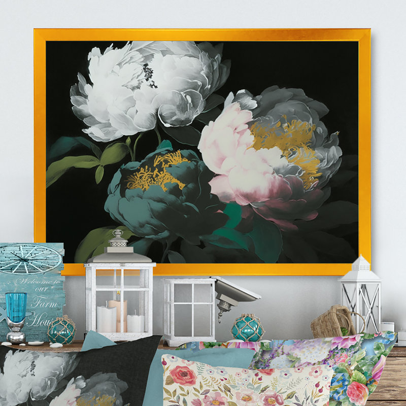 «White Blossoming Peony on Black II», reproduction sur toile, Toile avec cadre photo doré, L 32 po x H 16 po