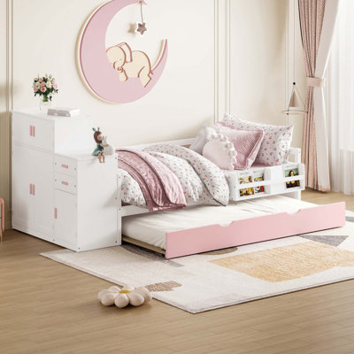 Lit plateforme simple en bois avec bibliothèque pour échantillon et garde-robe mobile, lit multifonctionnel avec lit gigogne intégré
