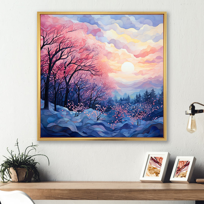Tonalism Misty Mountain Peaks - Forest Wall Art Prints, Cadre flottant doré, H 36 po x l 36 po x P 1,5 po
