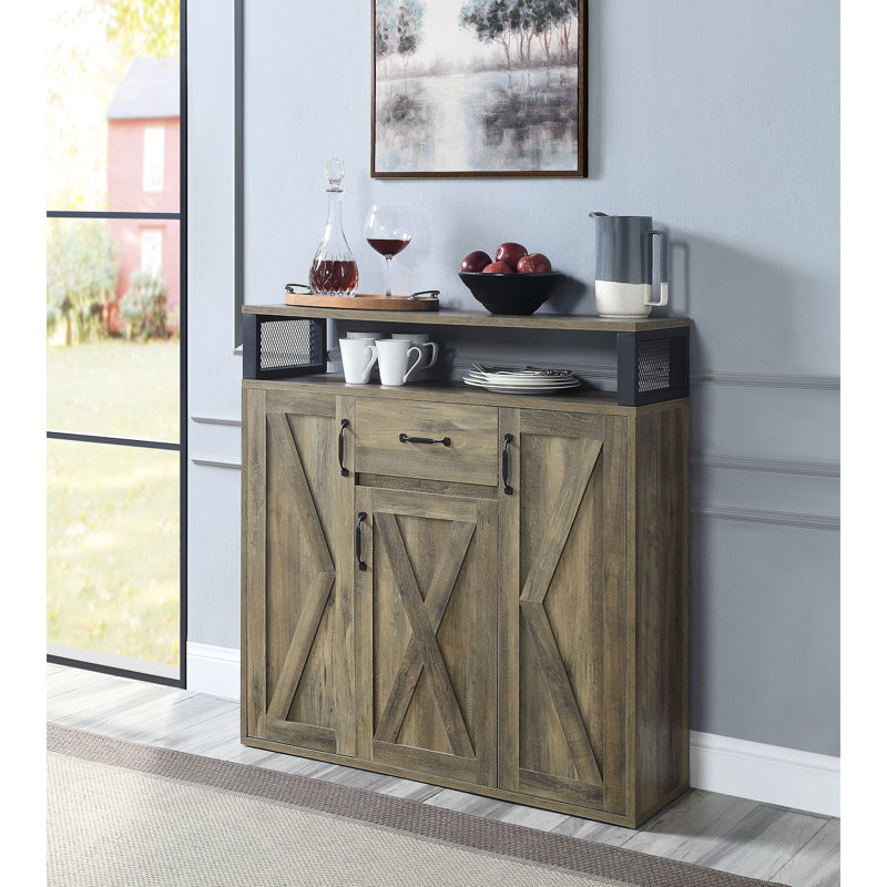 Rustic Style Server With Oak Finish And Wine Storage Compartment Charm Solutions