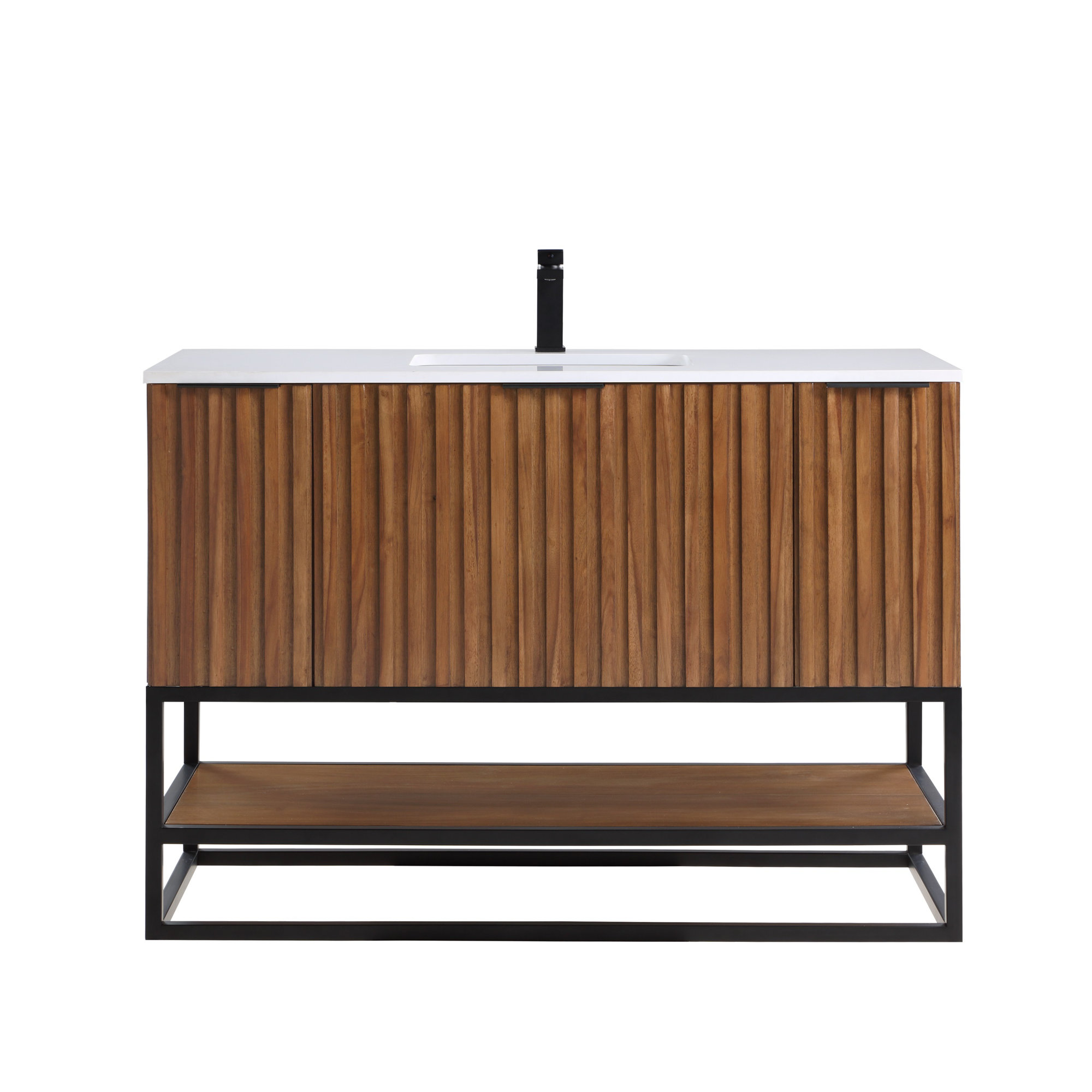 Terra 48'' Single Bathroom Vanity, Walnut, Calacatta Quartz/Widespread Faucet Mount, Matte Black