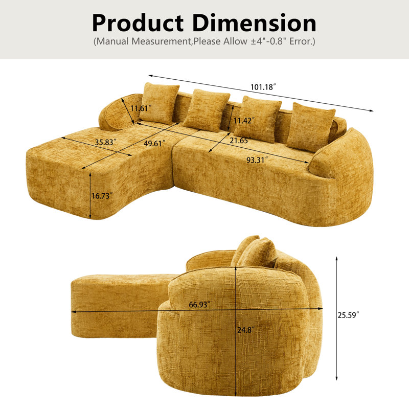 Chenille L-Shaped Sectionals Sofa With Four Pillows, Yellow Chenille