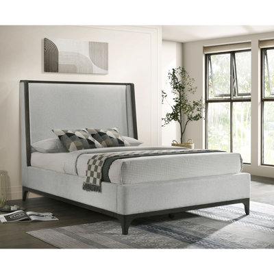 1pc Eastern King Size Upholstered Wing back Design Bed Gray Wooden Trim Premium Fabric Bedroom Furniture