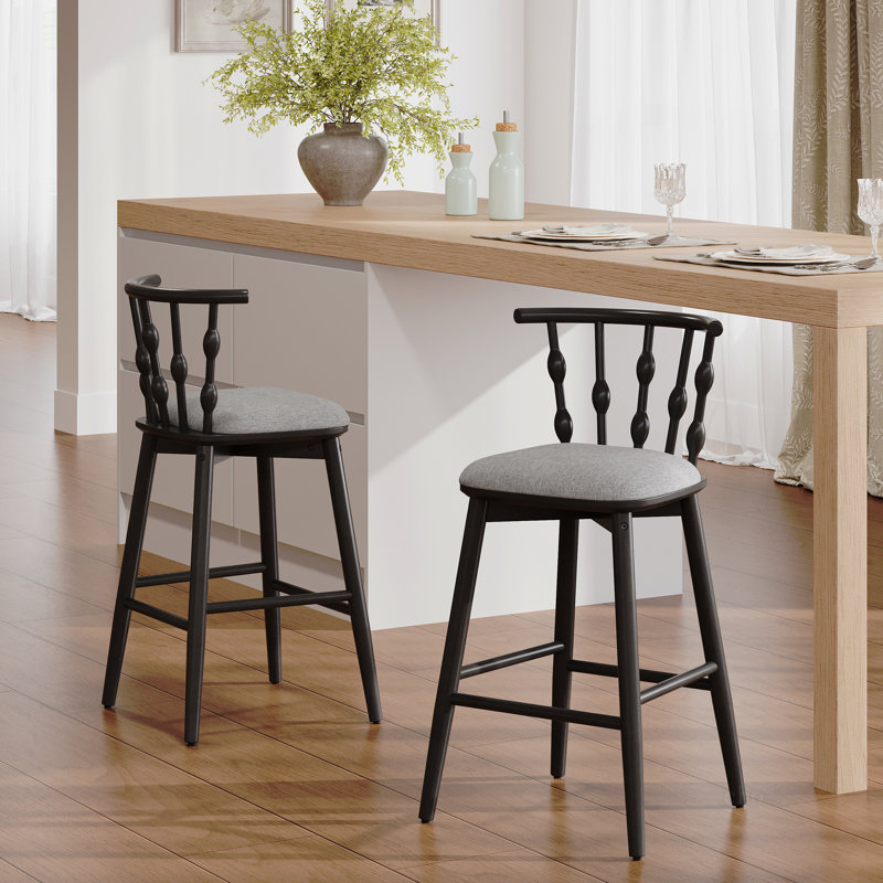 Tabouret de bar d'intérieur en bois Doria, finition noire avec revêtement gris, ensemble de 2