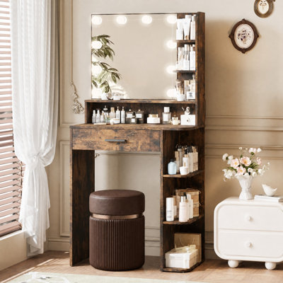 Manufactured Wood Makeup Vanity with LED Mirror and Storage Shelves