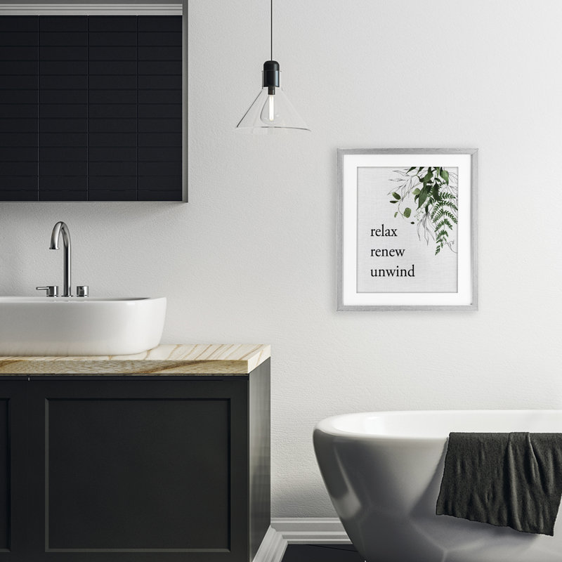 «Relax Renew Unwind with Foliage», reproduction encadrée sous verre, Cadre de ferme gris, H 16 po x l 13 po