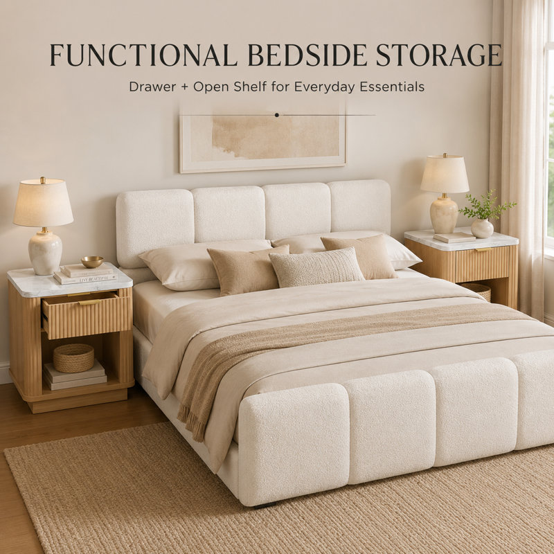 Ensemble de chambre à coucher moderne 3 pièces en tissu bouclé, comprenant un lit plateforme et 2 tables de chevet cannelées avec plateau imitation marbre.