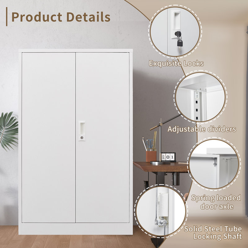 42"H Black Folding Filing Metal Storage Cabinet With Door Lock And Adjustable Shelves For Home Office And School, White