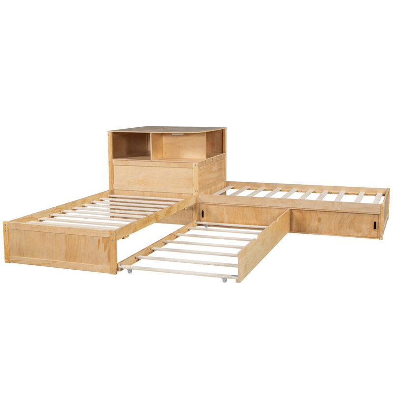 Lit plateforme simple en L avec armoires de rangement, Natural