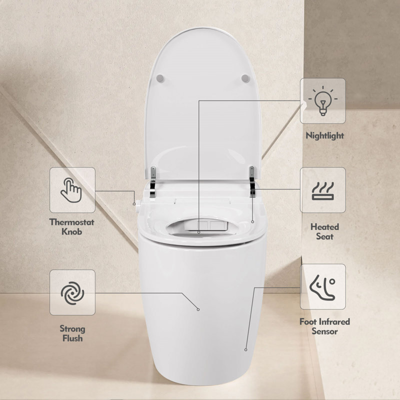 Heated Seat Smart White Polypropylene One-Piece Toilet with Foot Sensor