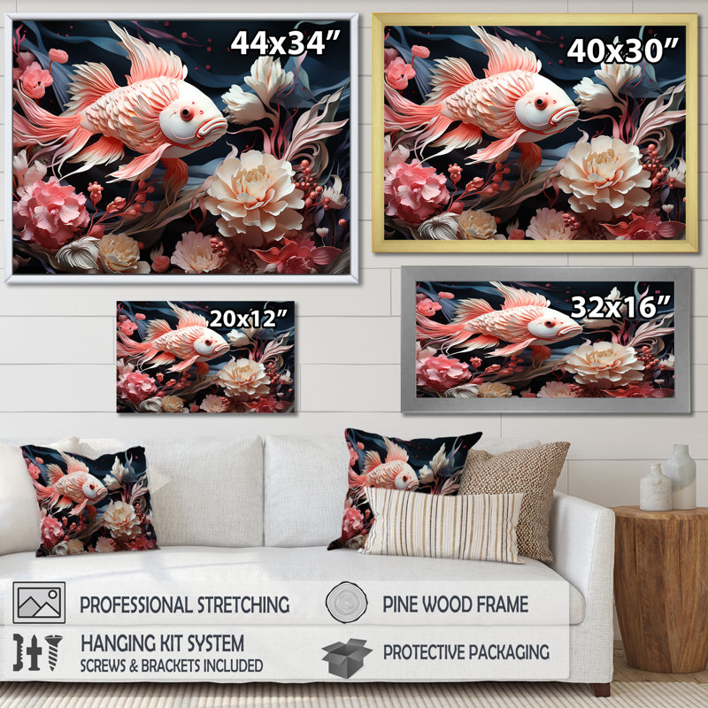 Coral and Sharks Collage Symetry I - plage et océan, reproduction d'art mural, Toile tendue, H 24 po x l 32 po x P 1 po