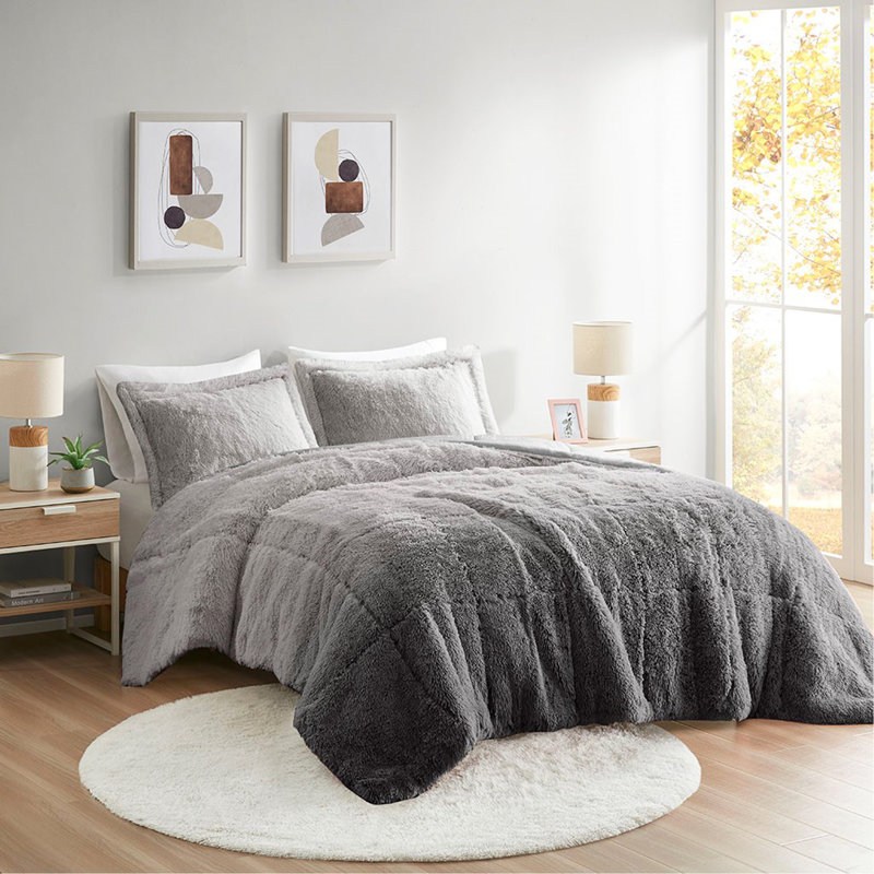 Mini ensemble d'édredon à poils longs Ombre, Édredon très grand + 2 taies décoratives, Gris