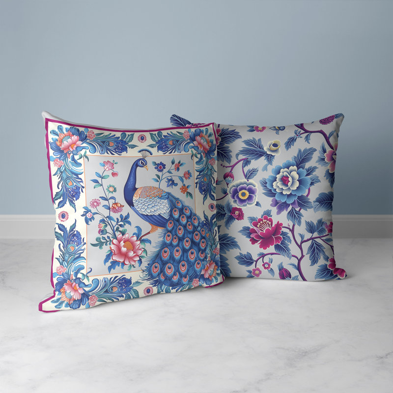 Coussin Peacock Blossom, Bleu / Orange, H 16 po x l 16 po