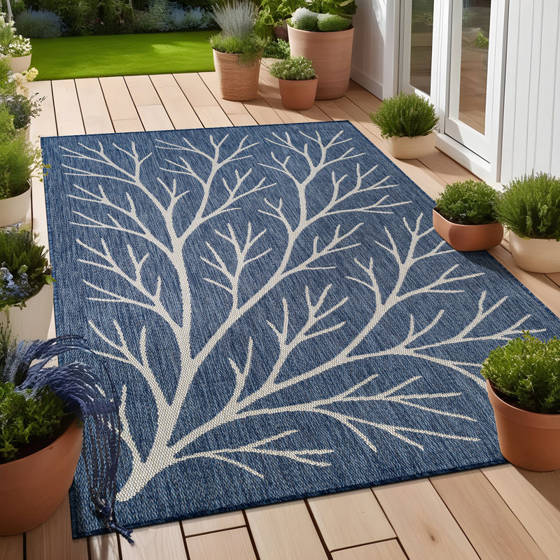 Tapis floral d'intérieur pour l'extérieur, Blue, Rectangle 9' x 12'