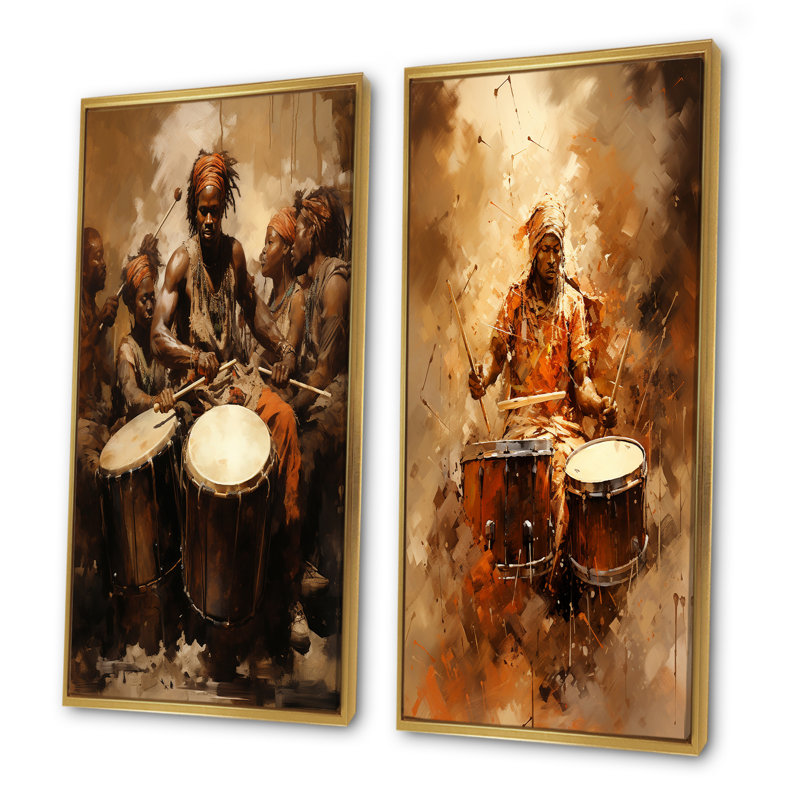 Drame traditionnel africain traditionnel - ensemble de 2 décorations murales musicales, H 32 po x l 33 po, Encadrement doré