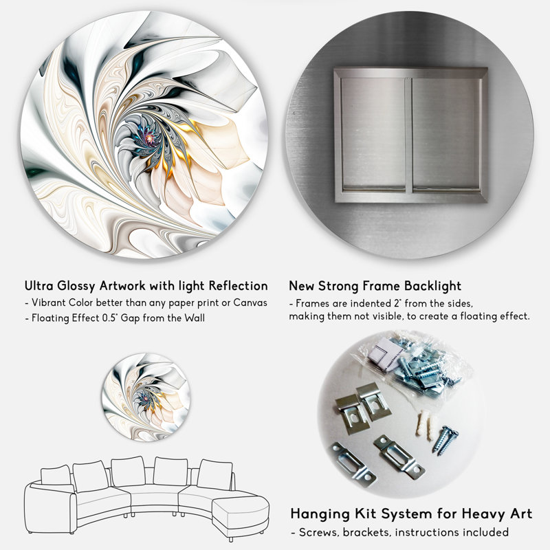 White Stained Glass Floral Art - Floral Wall Art, 36" H x 36" W, Framed Print, Metal Circle