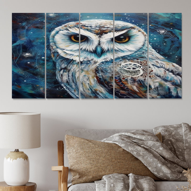 Portrait d'un hibou blanc tribal magique IV - salon d'art mural hiboux animaux - 5 panneaux égaux
