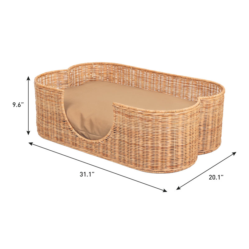 Lit pour chien en rotin tissé à la main avec coussin lavable à la machine Scallop, 9,5 po H x 31 po L x 20 po P, Marron clair