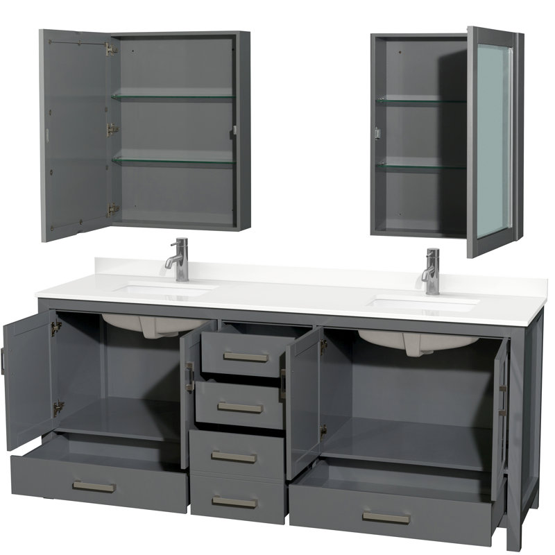 Sheffield 80" Freestanding Double Bathroom Vanity with Quartz Top with Medicine Cabinets, Dark Gray, White Quartz
