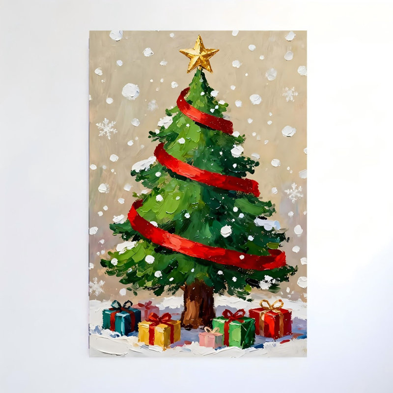 Arbre de Noël avec ruban rouge et cadeaux, art mural 24 po x 36 po