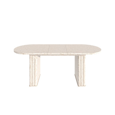 Kitchen Extendable Dining Table For 4-8 People, Oval Kitchen Table With Wooden Strip Base For Family Living Room (Travertine Inspired )