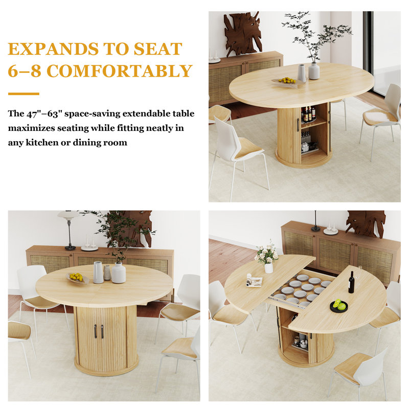 47-63 Inch Extendable Round Dining Table for 4-8 with 2-Tier Storage Shelf, Modern Expandable Wood Oval Kitchen Table, Space Saving Circle Pedestal Table for Dining Room Living Room (Natural Oak)