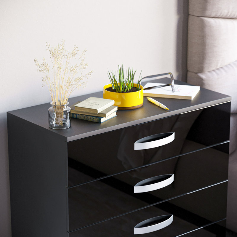 Arkadij 4 - Drawer High Gloss Chest of Drawers With Metal Runners, Modern Bedroom Storage Cabinet, Black