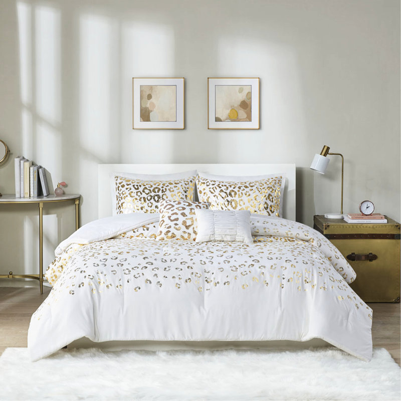 Lit simple TG avec édredon imprimé léopard métallique - peau - glamour + animal doré pour lit