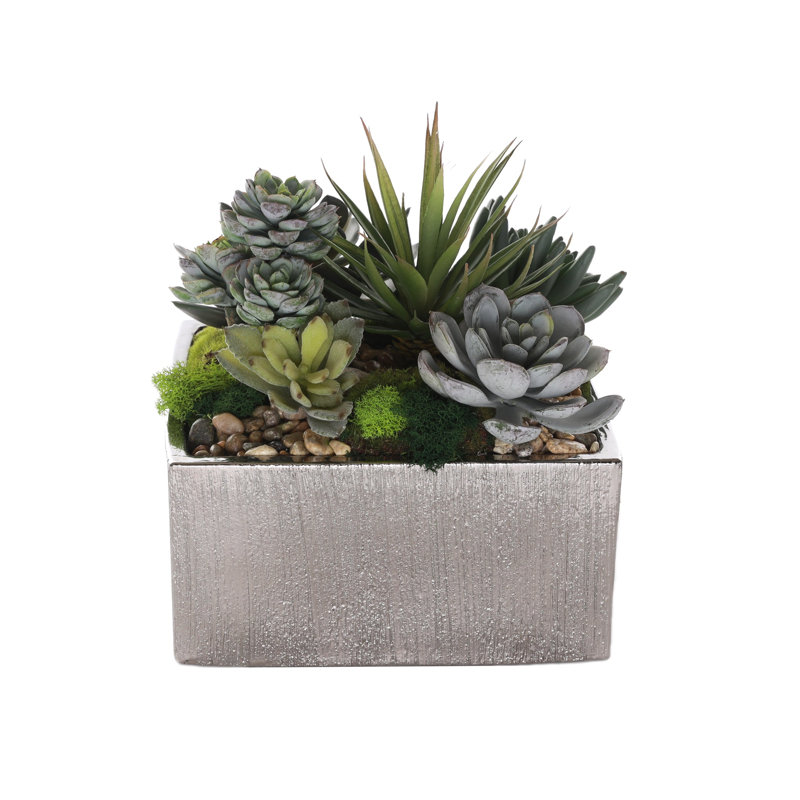 Faux Succulent in Square Etched Pot, Silver