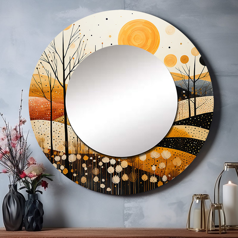 Meadow Bold Geometric Fields II - miroir Meadow, miroir mural rond rond orange, impression d'art en métal, 23 po x 23 po