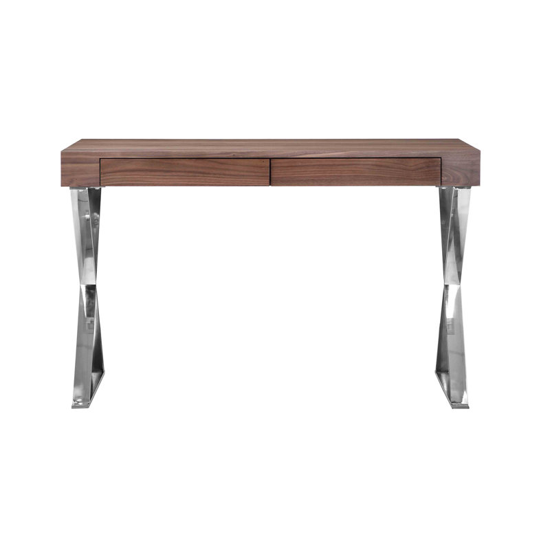 Alexa Contemporary Walnut Wood top Writing Desk with Polished Steel/Metal X-Base and 2 Storage Drawers, Walnut/Silver