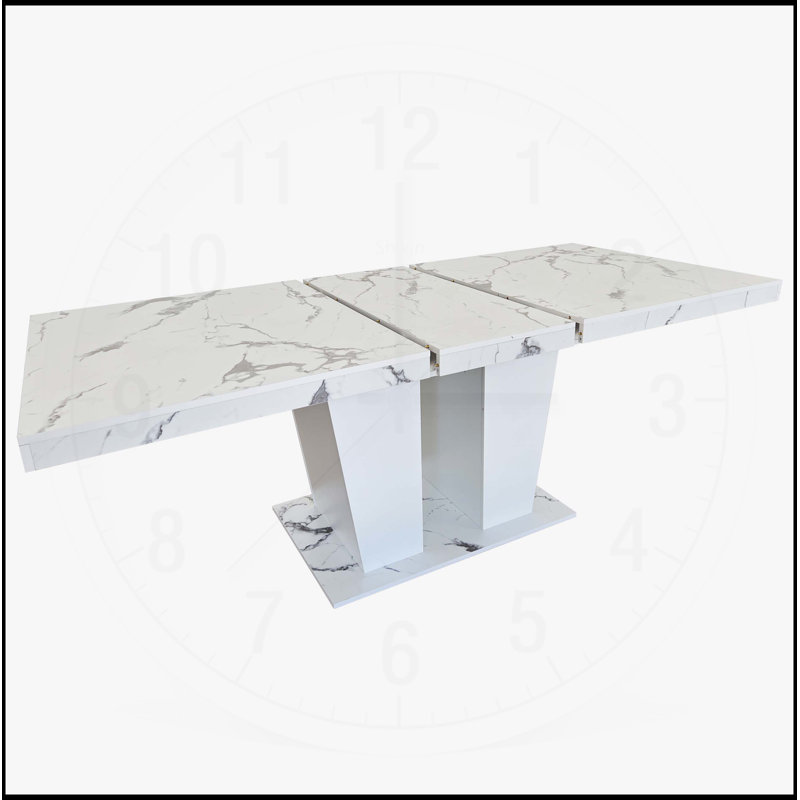 Table de salle à manger extensible pour 6-10, table de cuisine extensible en faux marbre blanc moderne avec base à double colonne, grand rectangle