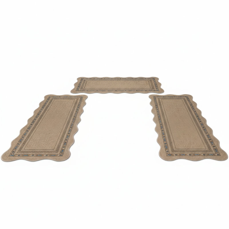 Non-Slip Scalloped Kitchen Rug Set 3 PCS, Washable Low-Profile Jute Mats